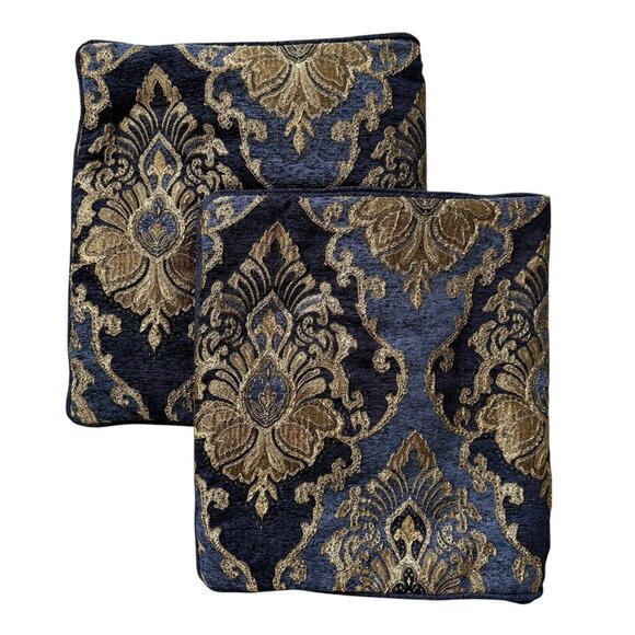 (2) Five Queens Court Woodstock Blue Gold Damask King Sham Pillowcases 35.5” - Picture 1 of 15